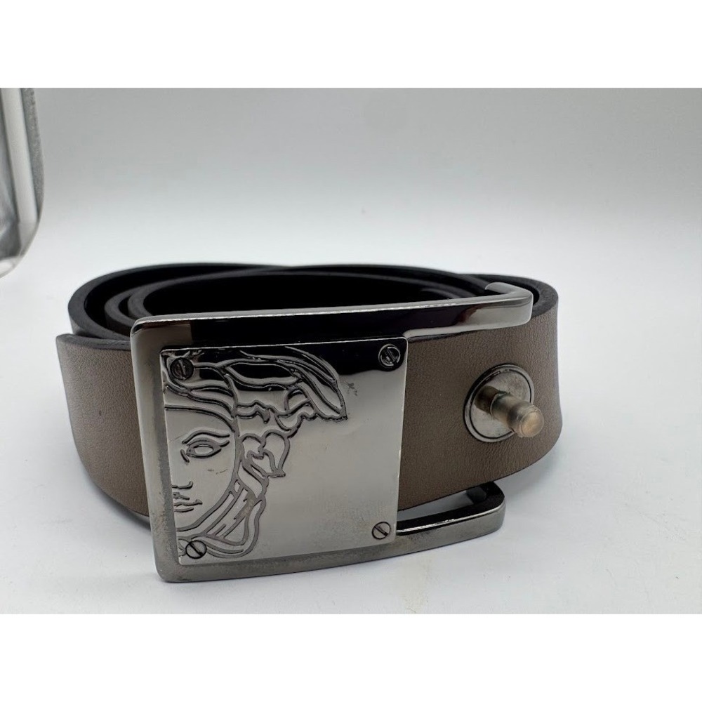 Versace Collection Mens Taupe Leather Medusa Buckle Belt Made in Italy Size 38